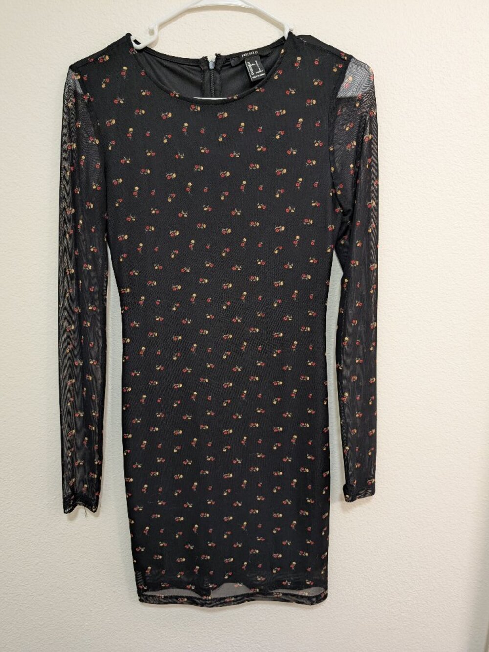Forever 21 Black Floral Print Sheer Lined Mini Dress Long Sleeve